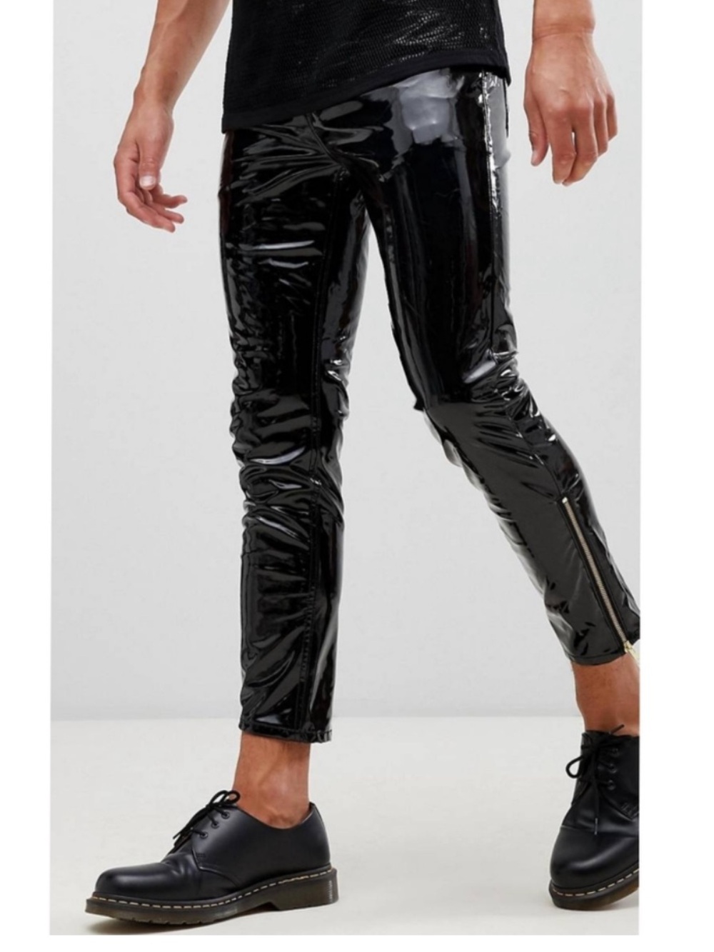 NWT ASOS Black Vinyl Latex Pants Ankle Zip 5 Pocket Gold Hardware 32 x 32